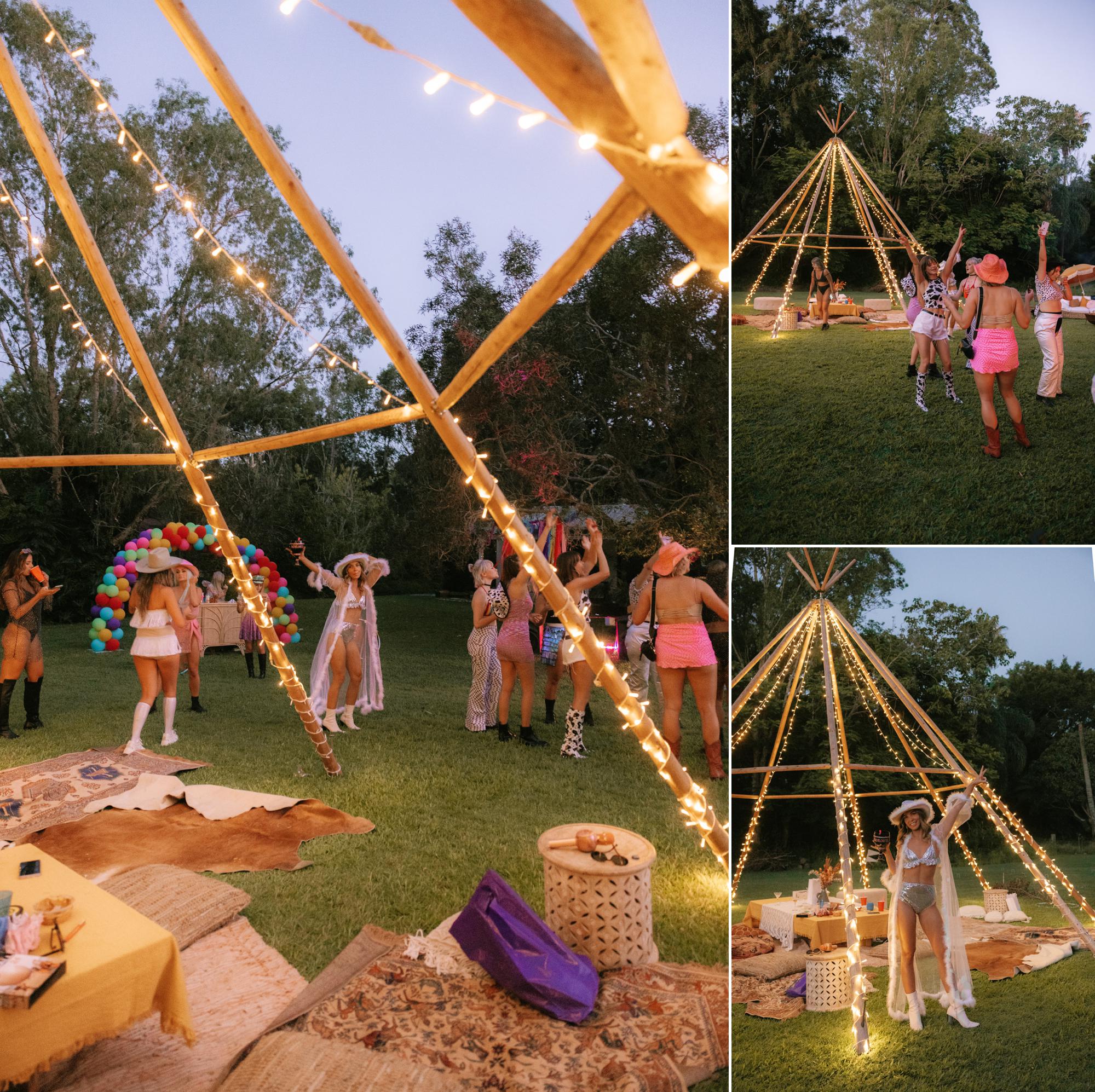 Coachella themed Hensfest Party with fairy lights and tipis